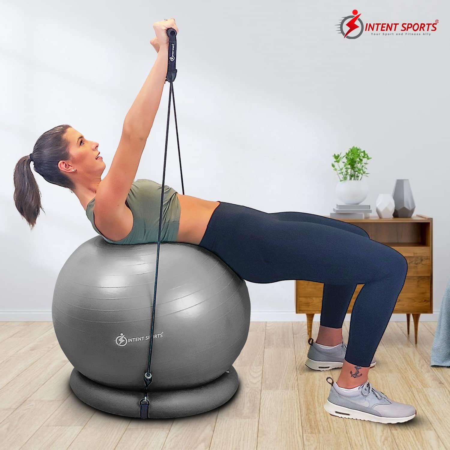 Yoga Ball Chair – Stability Ball with Inflatable Stability Base & Resistance Bands, Fitness Ball for Home Gym, Office, Improves Back Pain, Core, Posture & Balance (65 Cm)